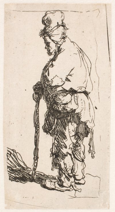 Žebrák opírající se o hůl, pohledem směřujícím doleva od Rembrandt van Rijn