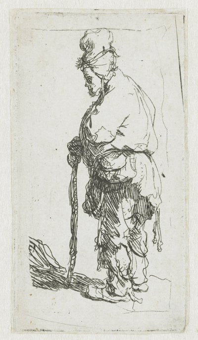 Žebrák opírající se o hůl, pohled směrem doleva od Rembrandt van Rijn