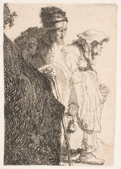 Žebrák a žebračka za bankou od Rembrandt van Rijn