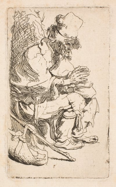 Žebrák sedí a ohřívá si ruce u ohřívacího kotlíku od Rembrandt van Rijn