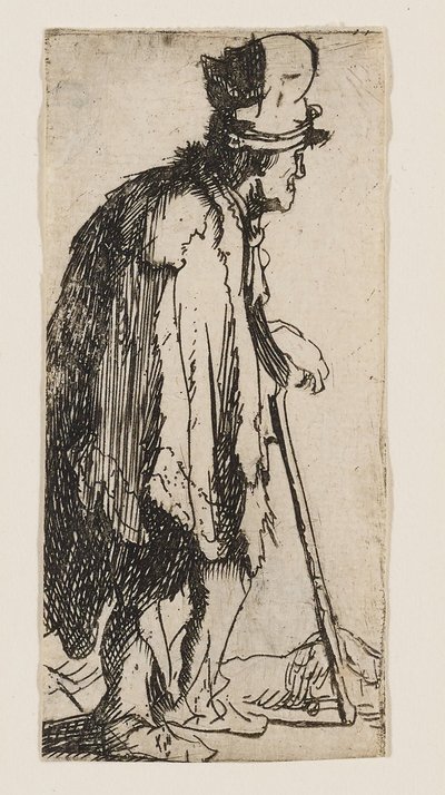 Žebrák s ochrnutou rukou, opírající se o hůl od Rembrandt van Rijn