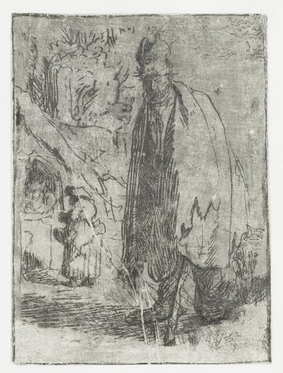 Žebrák s chaloupkou a dvěma postavami v pozadí od Rembrandt van Rijn