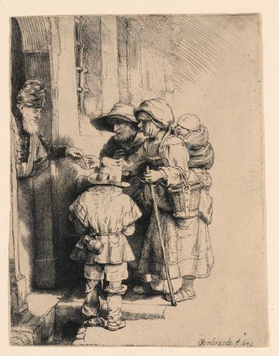 Žebráci přijímající almužnu u dveří domu od Rembrandt van Rijn