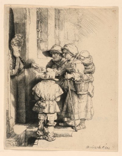 Žebráci přijímající almužnu u dveří domu od Rembrandt van Rijn