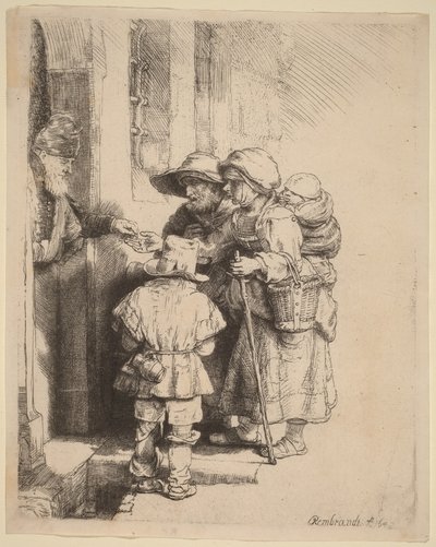 Žebráci přijímající almužnu u dveří domu od Rembrandt van Rijn