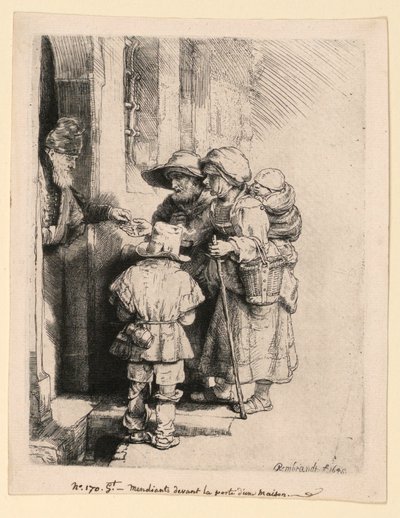 Žebráci dostávají almužnu u dveří domu od Rembrandt van Rijn