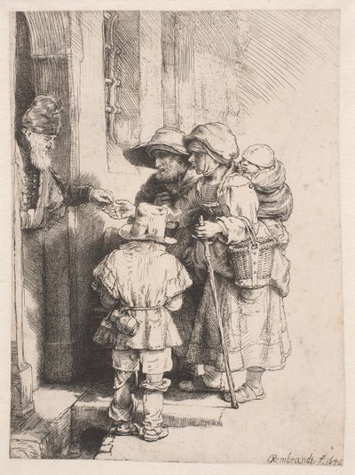 Žebráci přijímající almužnu u dveří domu od Rembrandt van Rijn