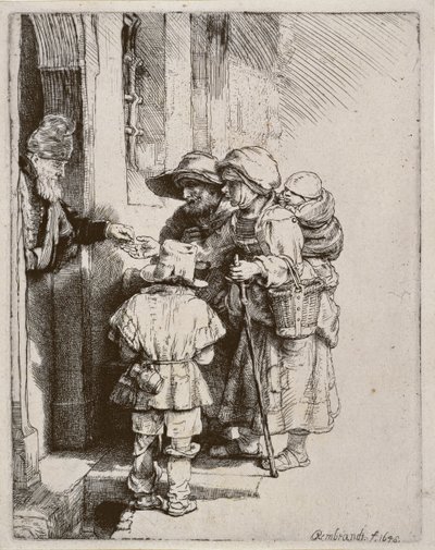 Žebráci přijímající almužnu u dveří domu, 1648 (rytina suchou jehlou) od Rembrandt van Rijn