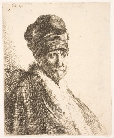 Poprsí muže (Rembrandtova otce) s vysokou čepicí, pohled ze tří čtvrtin od Rembrandt van Rijn