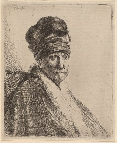Busta muže s vysokou čepicí, do tří čtvrtin vpravo (umělcův otec?) od Rembrandt van Rijn