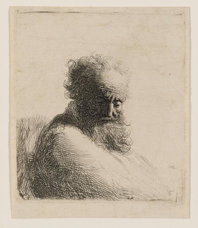 Busta starého vousatého muže, který se dívá dolů, v tříčtvrtečním pohledu zprava od Rembrandt van Rijn