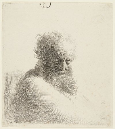 Busta starého muže, hledícího dolů, v tříčtvrtečním pohledu zprava od Rembrandt van Rijn