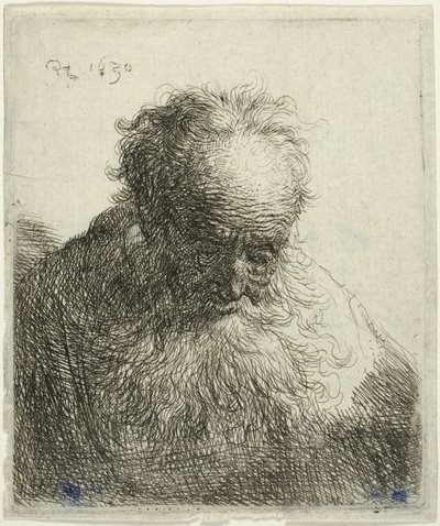 Busta starého muže s vlajícím plnovousem: Hlava skloněná dopředu: Levé rameno nezastíněné od Rembrandt van Rijn