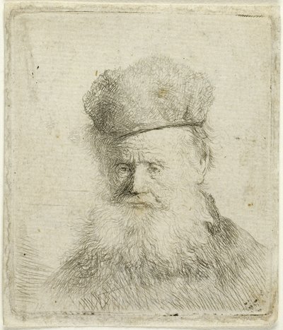 Busta starého muže s kožešinovou čepicí a vlajícími vousy, téměř celý obličej od Rembrandt van Rijn