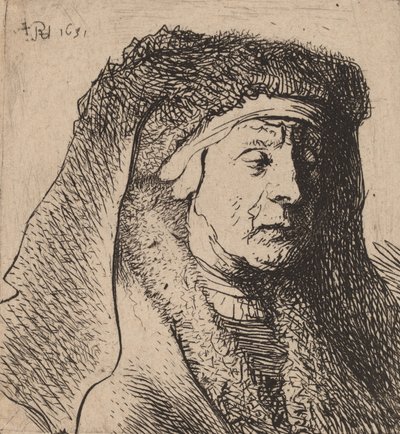 Busta staré ženy v chlupatém plášti a těžkou čelenkou, 1631. od Rembrandt van Rijn