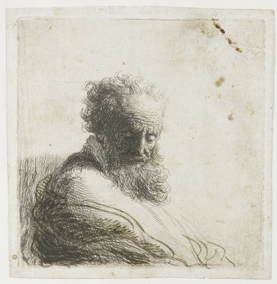Busta starého vousatého muže, který se dívá dolů, ze tří čtvrtin doprava od Rembrandt van Rijn