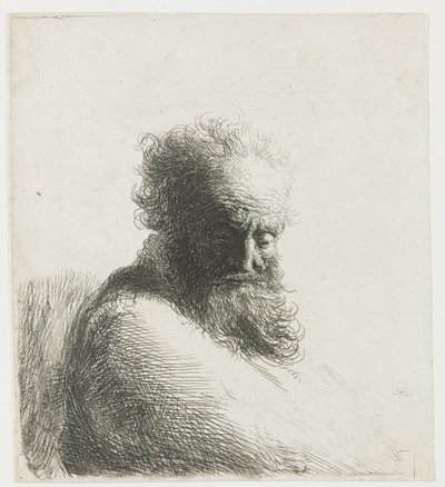 Busta starého vousatého muže, který se dívá dolů, ze tří čtvrtin doprava od Rembrandt van Rijn