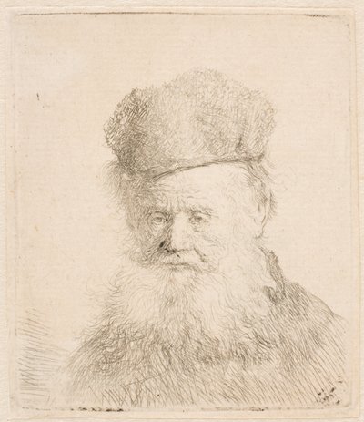 Busta starého muže s kožešinovou čepicí a splývavým vousem: téměř zepředu: pohled upřený přímo před sebe od Rembrandt van Rijn