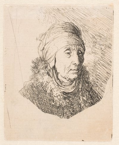 Busta staré ženy s vysokým čelenkem, který je uvázán pod bradou od Rembrandt van Rijn