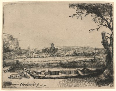 Kanál s velkou lodí a mostem od Rembrandt van Rijn