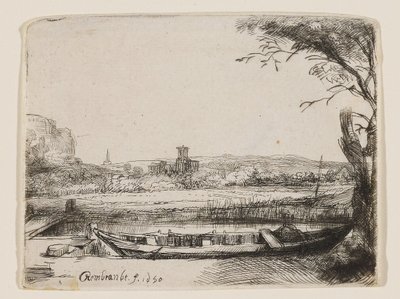 Kanál s velkou lodí a mostem od Rembrandt van Rijn
