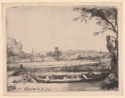 Kanál s velkou lodí a mostem od Rembrandt van Rijn