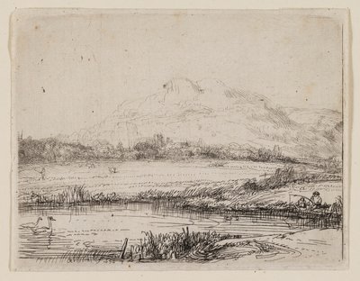 Kanál s rybářem a dvěma labutěmi od Rembrandt van Rijn