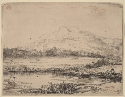 Kanál s rybářem a dvěma labutěmi od Rembrandt van Rijn