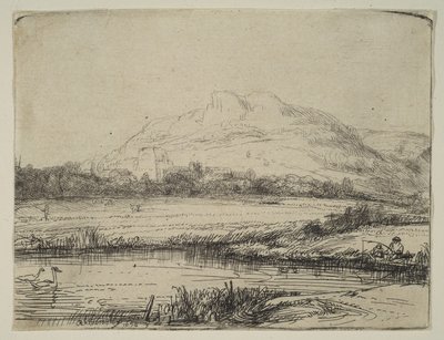Kanál s rybářem a dvěma labutěmi, 1650. od Rembrandt van Rijn