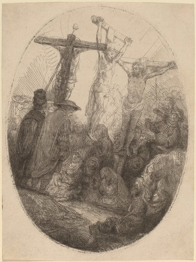 Kristus ukřižovaný mezi dvěma zloději: oválný talíř od Rembrandt van Rijn