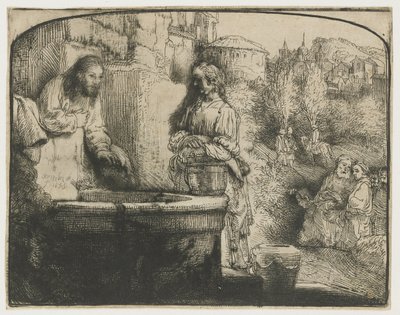 Kristus a žena Samaří Kristus a žena Samaří: klenutý tisk od Rembrandt van Rijn
