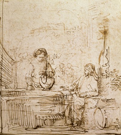 Kristus a samařská žena (pero a hnědá tuš na papíře) od Rembrandt van Rijn