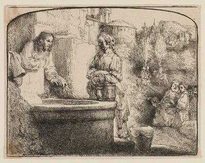 Kristus a žena Samaří: Obloukový tisk od Rembrandt van Rijn