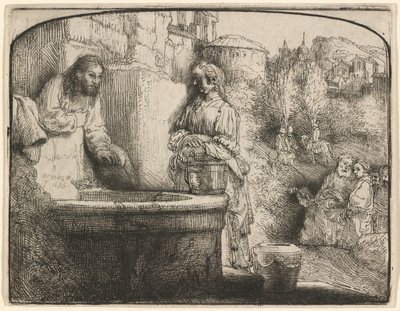 Kristus a žena ze Samaří: tisk s obloukovým motivem od Rembrandt van Rijn