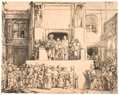 Kristus představil lidu: velký podlouhlý talíř od Rembrandt van Rijn