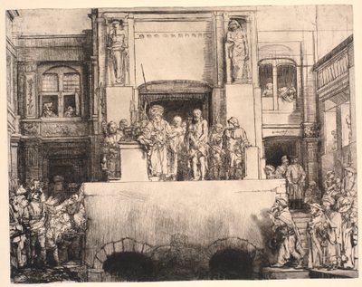 Kristus představil lidu: velký podlouhlý talíř od Rembrandt van Rijn