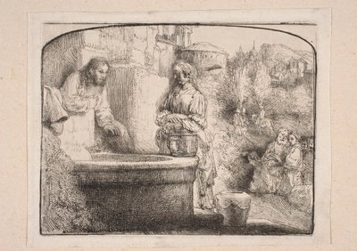Kristus a Samaritánka (kompozice nahoře uzavřená obloukem) od Rembrandt van Rijn