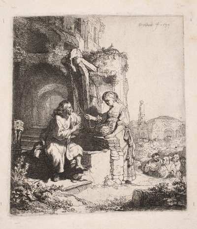 Kristus a Samaritánka mezi troskami (vertikální kresba) od Rembrandt van Rijn