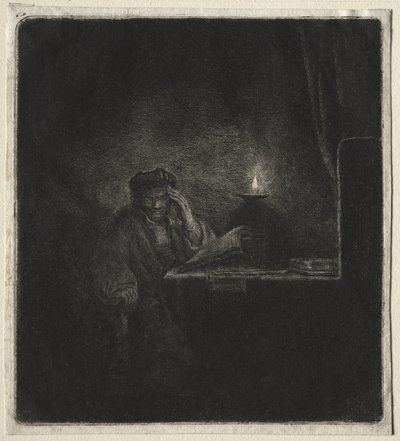 Kopie studenta u stolu při svíčkách od Rembrandt van Rijn