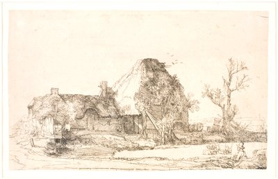 Chata a hospodářské budovy s mužem skicování od Rembrandt van Rijn