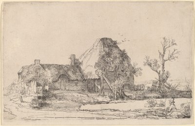 Chaty a hospodářské budovy s mužem skicování od Rembrandt van Rijn