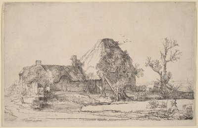 Chaty a hospodářské budovy s mužem, který kreslí od Rembrandt van Rijn