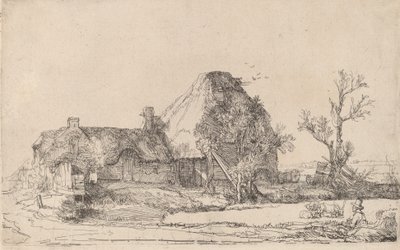 Chaty a hospodářské budovy s skicováním muže, c. 1645. od Rembrandt van Rijn