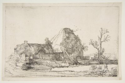 Chaty a hospodářské budovy s skicováním muže, ca. 1645. od Rembrandt van Rijn