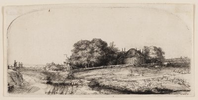 Chalupy a stodola na seno na Diemerdijku se stádem ovcí od Rembrandt van Rijn