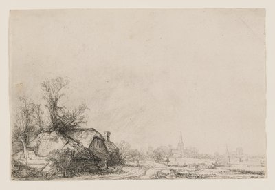 Chaty u kanálu s kostelem a plachetnicí od Rembrandt van Rijn