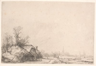 Chaty u kanálu: s kostelem a plachetnicí od Rembrandt van Rijn