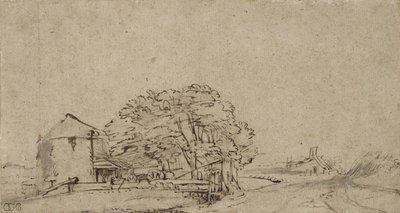 Hospodářská budova u silnice se vzdálenou zemědělskou usedlostí, 1650-69 (pero a hnědý inkoust s šedou barvou na papíře) od Rembrandt van Rijn