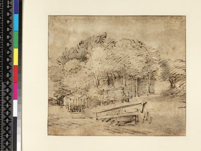 Statek pod stromy, s lávkou, cca 1650 (pero a inkoust s mytím na papíře) od Rembrandt van Rijn