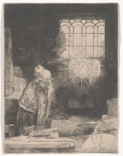 Faust ve své pracovně při sledování magického disku nebo učenec ve své pracovně, kolem roku 1652 od Rembrandt van Rijn